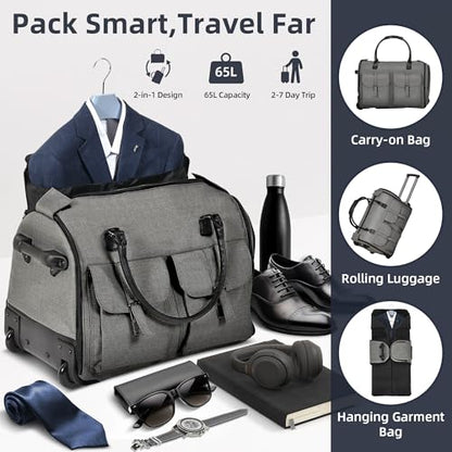 Garment Bags for Travel, 2-in-1 Convertible Rolling Duffle Bag with Wheels, Modern Carry-on Travel Bag for Suits, Foldable Suit Bag, Telescopic Handle, Hanging Hook - color: Modern Grey