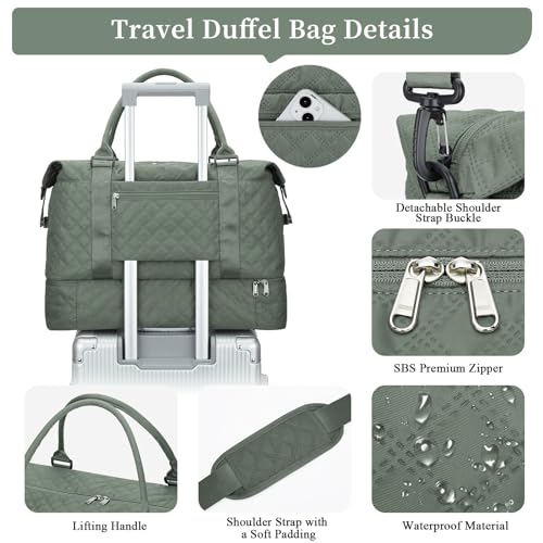 Weekender Bags for Women, Travel Duffel Bag with Shoes Compartment - color: Grid-OliveGreen, size: Large