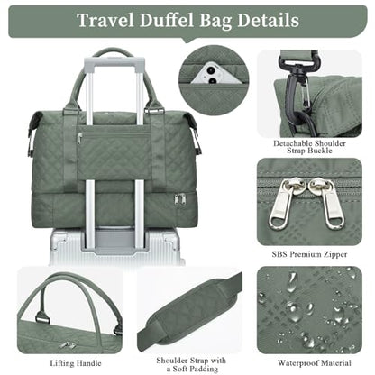 Weekender Bags for Women, Travel Duffel Bag with Shoes Compartment - color: Grid-OliveGreen, size: Large