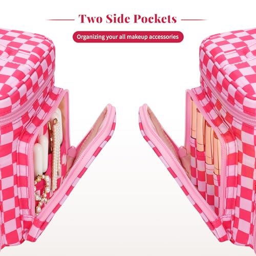 Bagmoly Large Makeup Bag, Travel Makeup Cosmetic Bag for Girls, Hotpink - color: 04-Hotpink Checkerboard, size: Medium