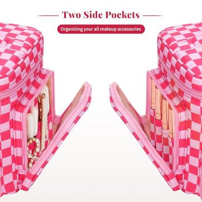Bagmoly Large Makeup Bag, Travel Makeup Cosmetic Bag for Girls, Hotpink - color: 04-Hotpink Checkerboard, size: Medium