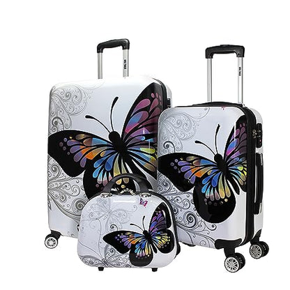 World Traveler Butterfly 3-Piece Polycarbonate Hardside Expandable Spinner Luggage Set with Enhanced Wheel System - size: 3-Piece Set