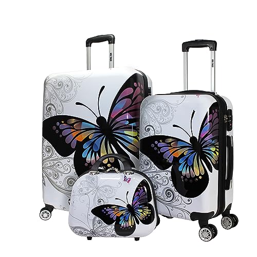 World Traveler Butterfly 3-Piece Polycarbonate Hardside Expandable Spinner Luggage Set with Enhanced Wheel System - size: 3-Piece Set
