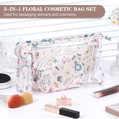 Richeart Makeup Bag, Clear Bag with Zipper, 3PC Floral Flowers Makeup Pouch, Waterproof Small Pouch, Portable Travel Toiletry Bag, C - style: C