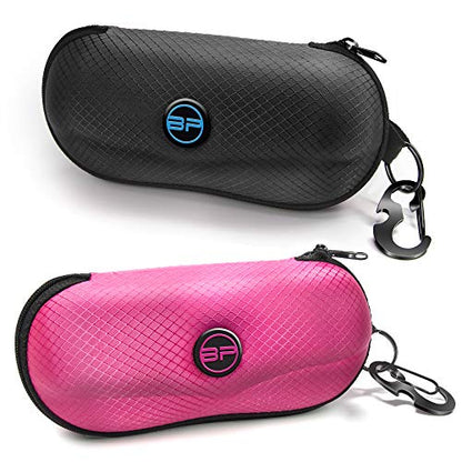 BLUPOND Sunglasses Case Semi Hard EVA Shell with Metal Hanging Hook Belt Clip Sun Glasses Storage - color: Black/Pink