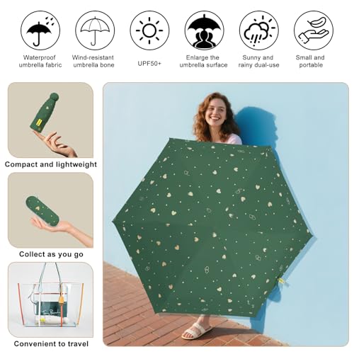 Mini Travel Umbrella, UPF 50+ Purse Umbrella with Case and Carabiner - color: Dark green