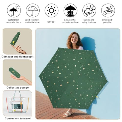 Mini Travel Umbrella, UPF 50+ Purse Umbrella with Case and Carabiner - color: Dark green