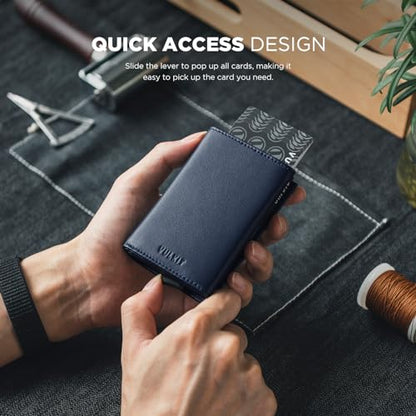 VULKIT Pop up Card Wallet Minimalist Cash Wallets RFID Blocking Leather Smart Credit Card Holder with ID window for Men - color: Top-Grain Cowhide Blue