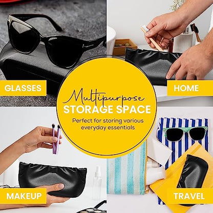 Squeeze Top Sunglass Pouch - Portable Sunglass Organizer Pouch Bags Soft PU Leather Glasses 2 Pack - color: Black