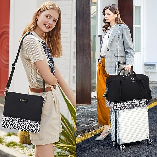 TIBES Travel Weekender Bag for Women, Overnight Bag with Shoe Compartment - color: Q- Black&Leopard