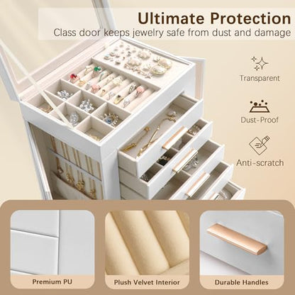 Homeanda Jewelry Boxes with Glass Lid, 6-Layer Large PU Leather, White - color: White, size: 6 Layer