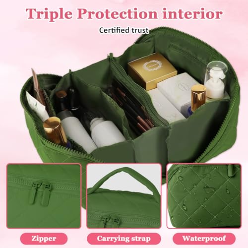 Travel Makeup Bag, Festivalment Wide Open Lay-Flat Water-Resistant - color: Green