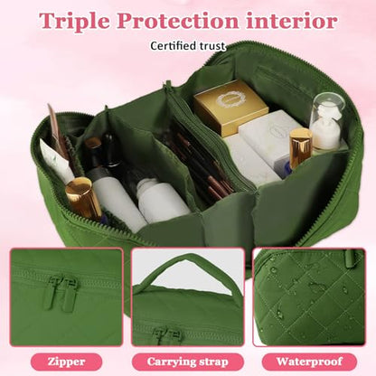 Travel Makeup Bag, Festivalment Wide Open Lay-Flat Water-Resistant - color: Green