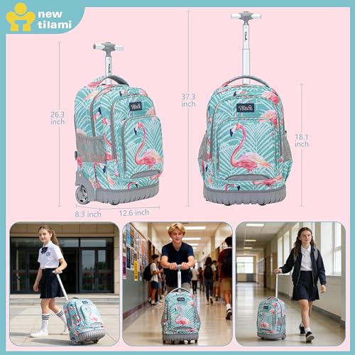 NEW TILAMI 18 Inch Rolling Backpack with Lunch Bag for Girls Boys School - color: Flamingo