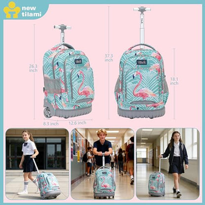 NEW TILAMI 18 Inch Rolling Backpack with Lunch Bag for Girls Boys School - color: Flamingo