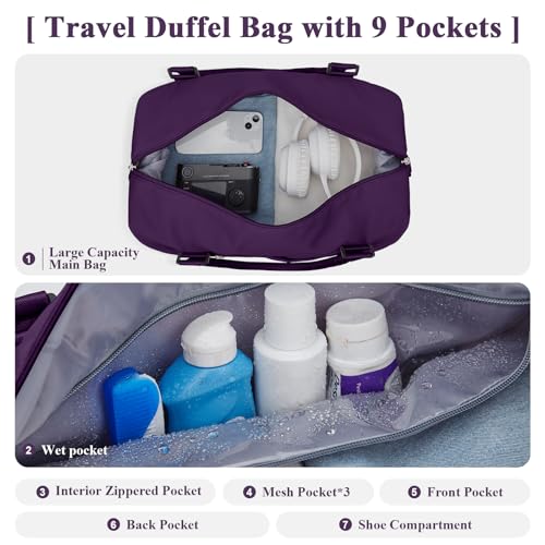 Travel Duffel Bag with Shoes Compartment, Weekender Bags for Women - color: B-Dark Purple, size: Large
