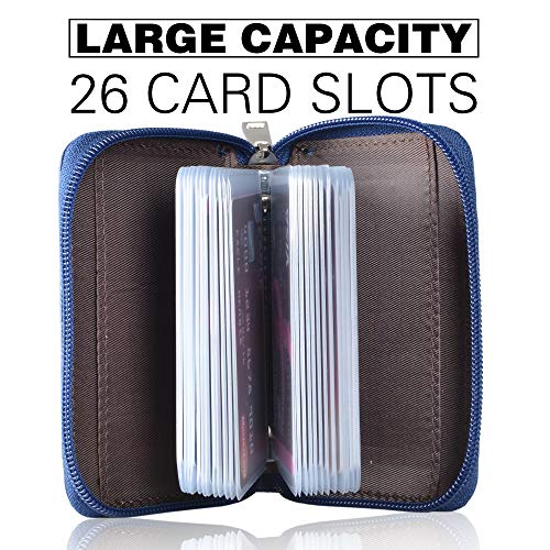 Easyoulife Genuine Leather Credit Card Holder Zipper Wallet With 26 Card Slots - color: Blue, size: small