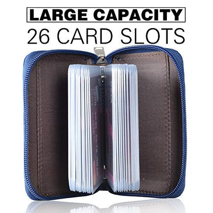 Easyoulife Genuine Leather Credit Card Holder Zipper Wallet With 26 Card Slots - color: Blue, size: small