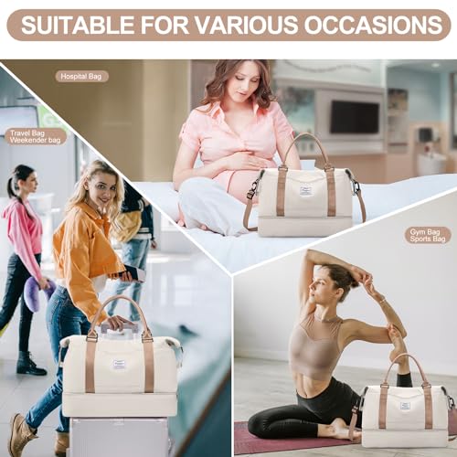Weekender Bags for Women,Travel Duffle Overnight Bag with Shoe Compartment - color: Beige & Brown-3Pcs, size: Large