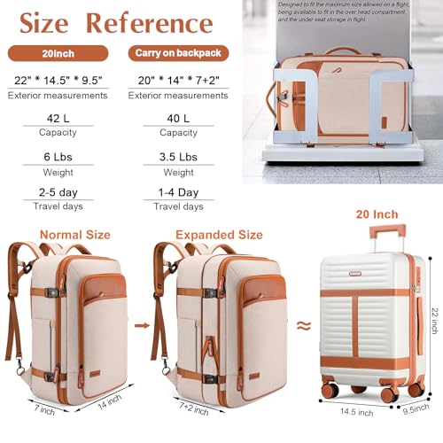 Lumesner 5 Piece Carry On Luggage Set With Travel Backpack & Packing Cubes - color: Beige(20inch-5piece Set)