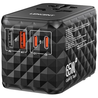 LENCENT 65W Universal Travel Adapter, GaN International Fast Charger - color: Black, size: 65W-2A2C(3 Fast Charger Ports)