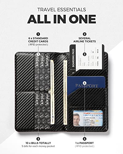 VULKIT Passport Wallet for Travel RFID Blocking Premium Leather - color: Carbon Fiber Black