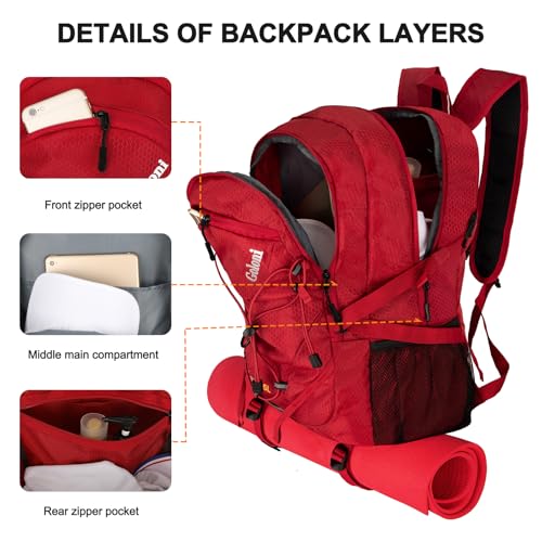 Goloni 45L Foldable Hiking Daypack, Lightweight Water‑Resistant Backpack - color: Red
