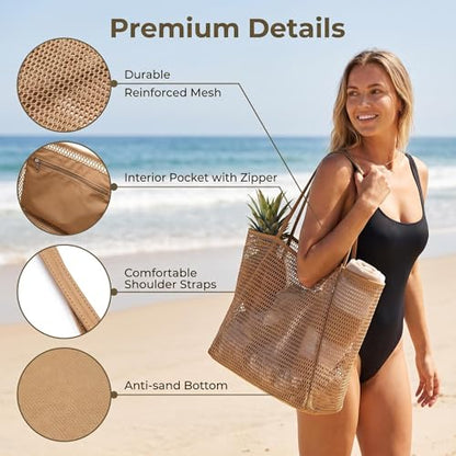 Mesh Beach Tote Bag for Women, Sandproof Quick Dry Foldable Travel Bag - color: Khaki