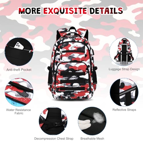 ACESAK 3PCS Camo Backpack for Boys with Lunch Box Pencil Case - color: Red White