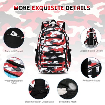 ACESAK 3PCS Camo Backpack for Boys with Lunch Box Pencil Case - color: Red White