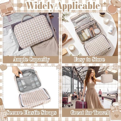 Klyyo Hanging Toiletry Bag for Women, Gingham, Brown - color: Brown