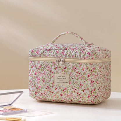 HBselect Quilted Makeup Bag, 3Pcs Cotton Large Travel Makeup Bags Organizer - color: A-3PCS-Floral 19