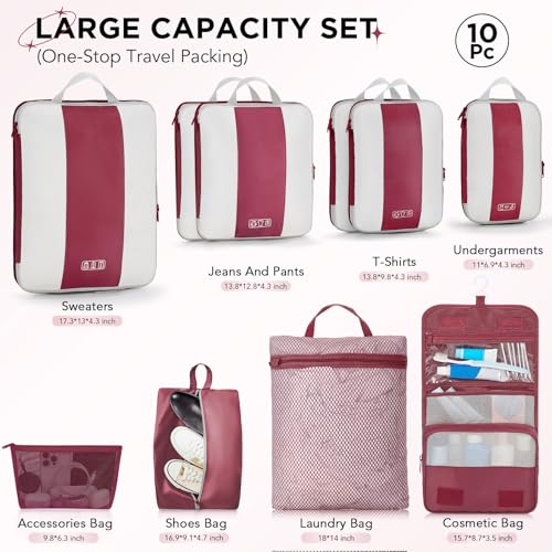 OlarHike 10 Set Compression Packing Cubes for Travel Essentials,Compressible Expandable Space Saver Bags for Organizing Clothes,Luggage Suitcase Garment Bags with Over 1000 pcs Mesh Holes(Wine Red) - color: Wine Red