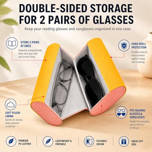 Double Sided Glasses Case Hard Shell,Sunglasses Case & Eyeglass Case with Cleaning Cloth & Storage Pouch - color: Pink-yellow