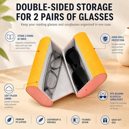 Double Sided Glasses Case Hard Shell,Sunglasses Case & Eyeglass Case with Cleaning Cloth & Storage Pouch - color: Pink-yellow