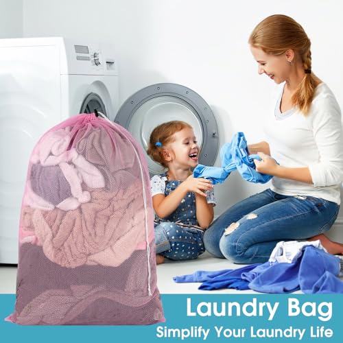 2 Pack Mesh Laundry Bags 23x34 Inch Drawstring Locking for Travel Home - color: Pink