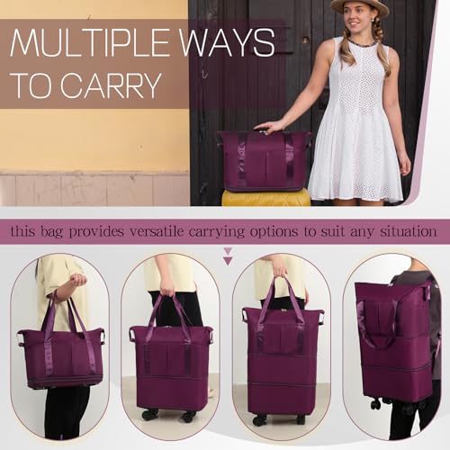 Duffel Bag with Wheels - Rolling Foldable Expandable Duffle Bag with Wheel for Travel, Rolling Luggage Bag Carry On Travel Bag with Wheels, Large Wheeled Overnight Weekender Bags (Deep Purple) - color: Deep Purple