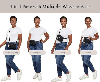 Baggallini Triple Zip Small Crossbody Bag for Women - Lightweight Convertible Fanny Pack Belt Bag - color: Black With Sand Lining, style: Wide Strap