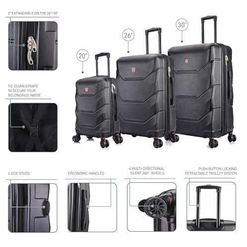 DUKAP ZONIX 3-Piece Durable Hardside Spinner Luggage Set 20/26/30in Black - color: Black, size: 3 Piece Set (20/26/30)