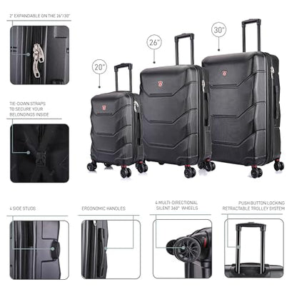 DUKAP ZONIX 3-Piece Durable Hardside Spinner Luggage Set 20/26/30in Black - color: Black, size: 3 Piece Set (20/26/30)