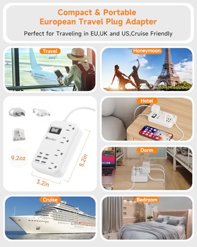 European Travel Plug Adapter, US to Europe Power Strip,6 USB,4 Outlets,3ft - size: Type C/A/G Plug-3ft-24W USB