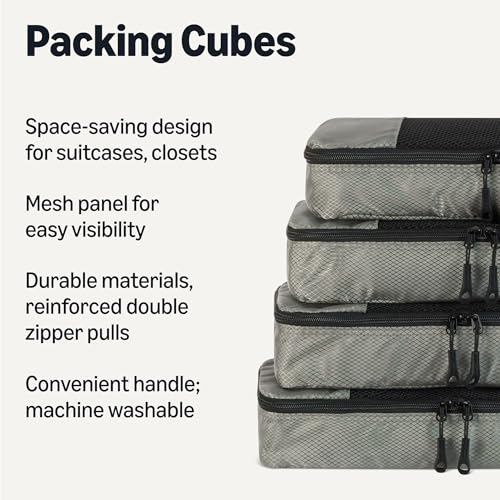 Amazon Essentials 여행용 액세서리 세트 4피스 패킹 큐브, 더블 지퍼가 있는 수하물 정리함, 100% 폴리에스터, 메시 탑, 회색., 4피스 패킹 큐브 세트 - 슬림 - color: 회색., size: Slim