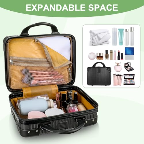 14 Inch Hard Shell Makeup Case, Portable Mini Makeup Suitcase for Hand Luggage with Elastic Band, Pressure-proof Makeup Carrying Case, Lightweight Small Hard Shell Cosmetic Travel Case - color: Black