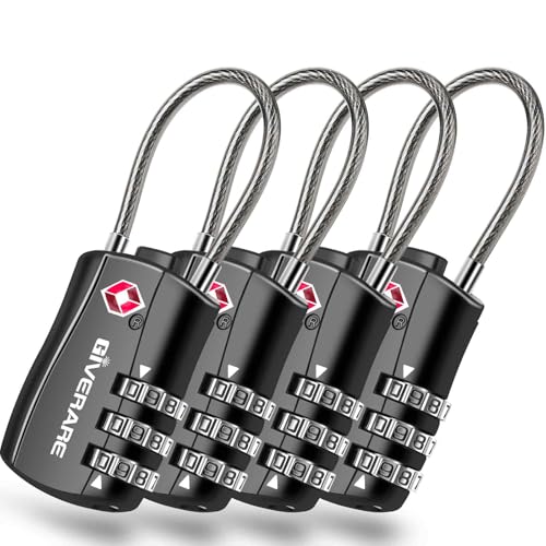 GIVERARE 4 Pack TSA Approved Luggage Locks, Combination Travel Cable Lock, Re-settable 3-Digit Padlocks with Alloy Body, Keyless TSA Padlock for Gym Locker, Golf Bag Case-Black - color: 4 pack Black