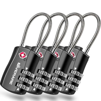 GIVERARE 4 Pack TSA Approved Luggage Locks, Combination Travel Cable Lock, Re-settable 3-Digit Padlocks with Alloy Body, Keyless TSA Padlock for Gym Locker, Golf Bag Case-Black - color: 4 pack Black
