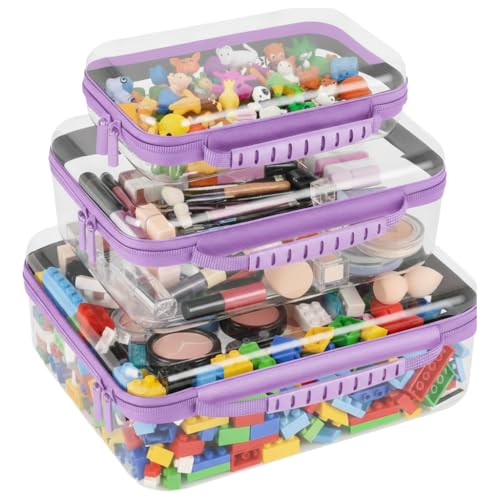 3 Pack Deep Clear Hard Shell Zipper Cases with Handle (Purple) - color: Purple Handle(L+M+S)