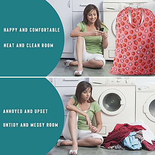 Sanlykate Extra Large Laundry Bag with Drawstring Closure and Handle, 28 x 40 Inch Heavy Duty Travel Dirty Clothes Bag for Laundromat and Household, Pink Strawberry - color: Strawberry