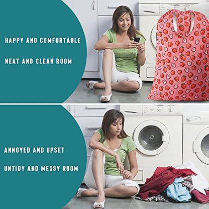 Sanlykate Extra Large Laundry Bag with Drawstring Closure and Handle, 28 x 40 Inch Heavy Duty Travel Dirty Clothes Bag for Laundromat and Household, Pink Strawberry - color: Strawberry