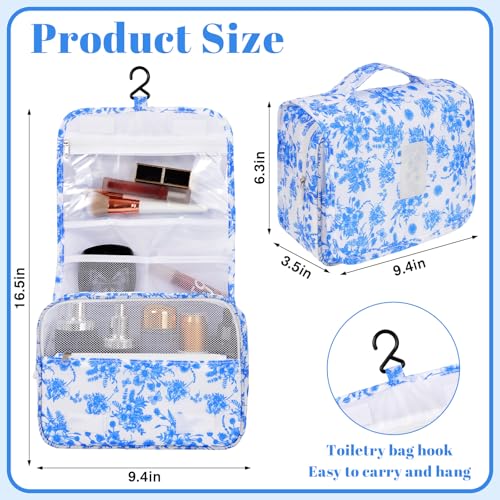 Hanging Toiletry Bag for Women, Portable Cosmetic Summer Beach Bag, Floral - color: blue&white