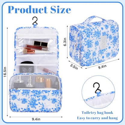 Hanging Toiletry Bag for Women, Portable Cosmetic Summer Beach Bag, Floral - color: blue&white